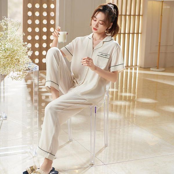 Kadın Pijama Moda Beyaz Ev Giyim Genç Kız Ipek Saten Pijama Setleri Femme Kısa Kollu Pijama Loungewear Ev Tekstili Pijama