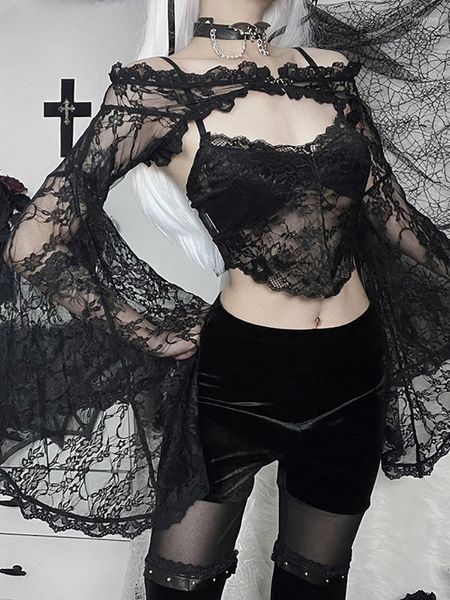 Damen T-Shirts Elegante Mall Gothic Emo Spitzenblusen Shrug Tops Grunge Sheer Sexy Frauen Alt Crop Top Off Shoulder Flare Sleeve