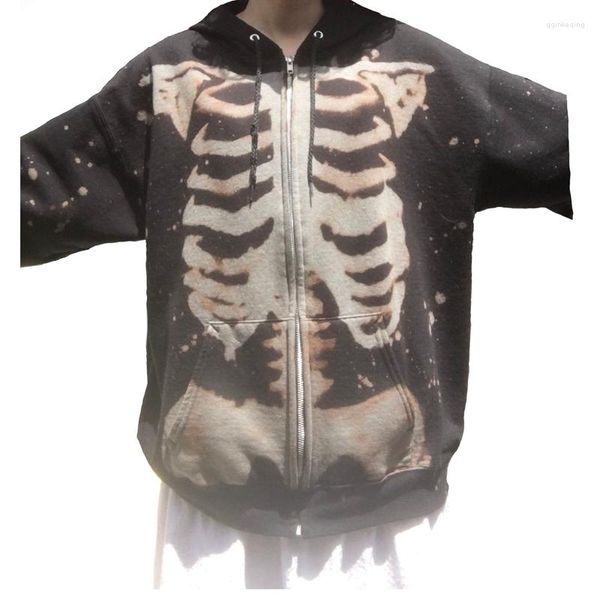 Damen Hoodies 90er Jahre Vintage Gothic Skeleton Print Sweatshirt Reißverschluss Mantel Jacke Frauen Herbst Übergroße Y2K Punk Hip Hop Grunge Kleidung