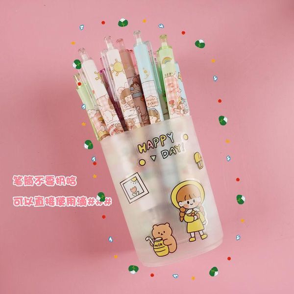 Penne 30pcs/lotto grazioso gel penna da cartone animato Gel Penne Studenti che scrivono penna a inchiostro nero da 0,5 mm con porta della penna kawaii cartoleria