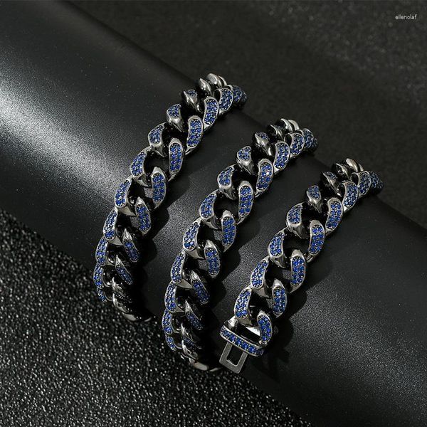 Zincirler hip hop mavi cz taş döşeli bling buzlu siyah 12mm yuvarlak Küba bağlantı zinciri kolyeler erkekler için rapçi mücevher damlası gord22