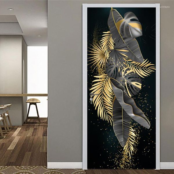 Tapeten 3D-Türdekoration Tapete Goldenes Bananenblatt Modernes Design PVC Selbstklebende wasserdichte Aufkleber Wandbild Wandtattoos Wohnzimmer