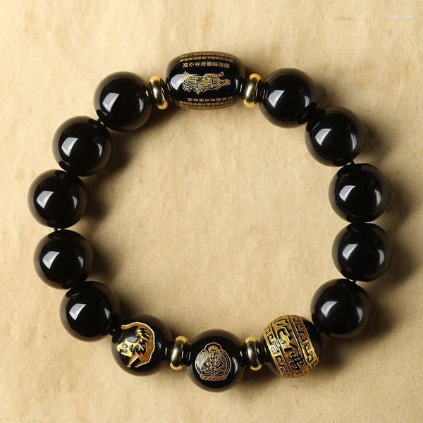 Strand Bracciale in pietra naturale di ossidiana nera all'ingrosso Sutra del cuore Tigre zodiacale Perline Fila a mano per gioielli di moda da donna