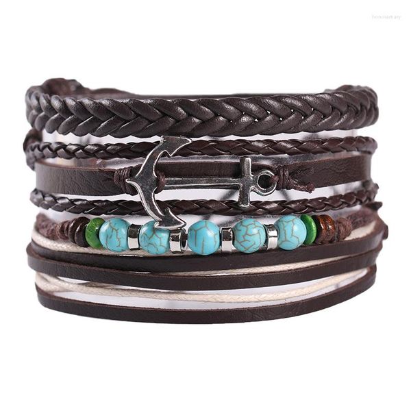 Braccialetti con ciondoli Bracciale in pelle di ancoraggio Turchese multistrato intrecciato PU Uomo # 39; s Accessori per gioielli da coppia regolabili