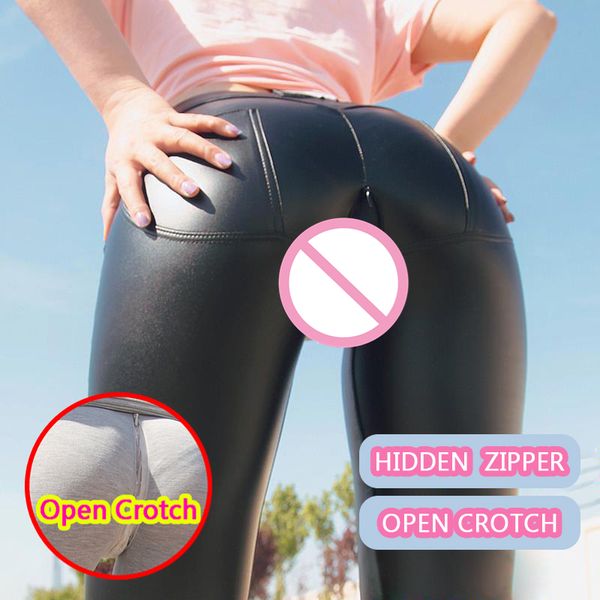 Frau Sexy Schritt Leder Leggings mit versteckten Reißverschlüssen Crotchless PU Höschen Hintern Push Up Open-Seats Hosen Erwachsene Sex Spielzeug Kostüm