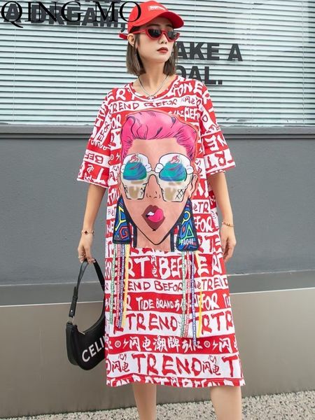 Abiti casual di base Lettera Summer Cartoon Stampa manica corta Tshirt Dress Donna Lunghezza media Allentato Large Size Rosso Bianco ZXF2724 230627