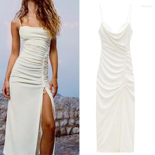 Vestidos casuais 2023 feminino estilo verão vestido midi plissado moda europeia e americana temperamento fino suspensório saia branca