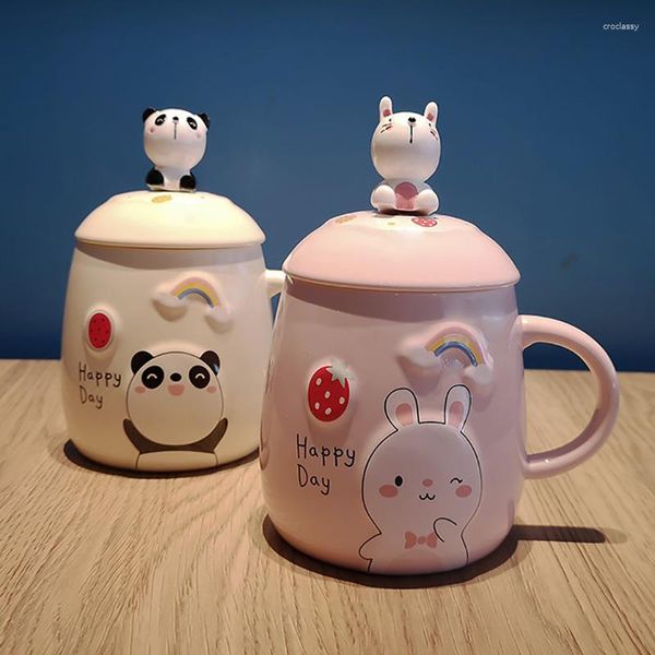 Canecas Desenhos animados Panda Caneca de cerâmica com tampa Colher Simples Café Leite Copo Água Engraçada