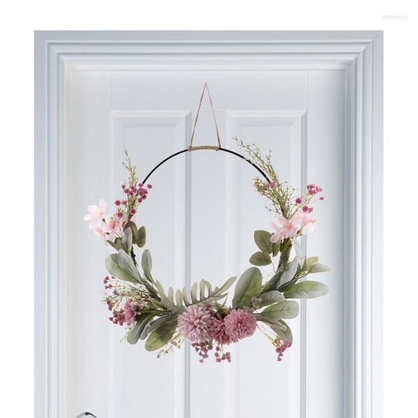 Flores decorativas Primavera Guirlanda Rosa Roxo Orquídea Crisântemo Dente-de-leão Gypsophila Hoop 41 cm/16 polegadas Cabide de porta redonda para o verão