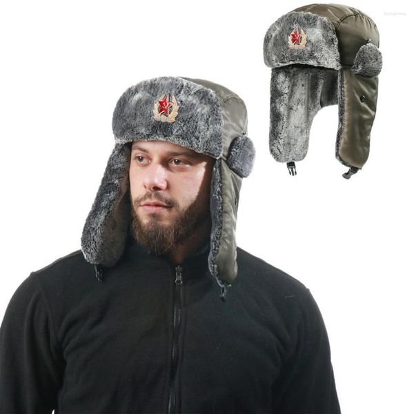 Berets Winter Warme Bomber Hüte Sowjetische Abzeichen Russische Uschanka Hut Mit Ohrenklappe Outdoor Windpoof Ski Caps Dickes Kunstpelz