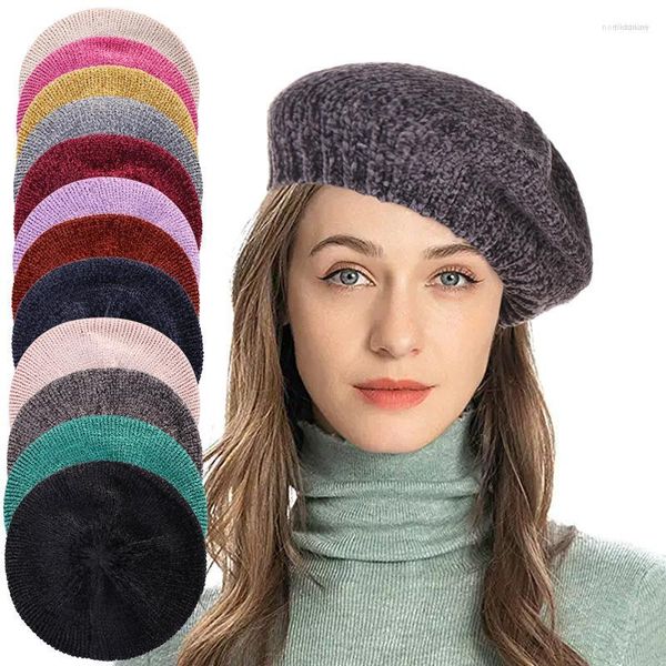 Boinas 2023 Mulheres Multicoloridas Boina Chapéu Moda Malha Inverno Quente Gorro Senhoras Casual Cor Sólida Bonés