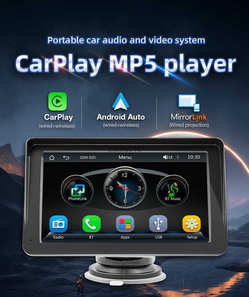 s Monitor de carro portátil de 7 polegadas sem fio Carplay Android-Auto Bluetooth FM Transmissor USB TF MP5 Multimedia Player L230619