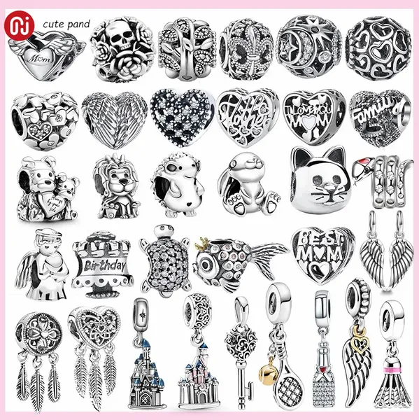 925 Silber Perlen Charms passen Pandora Charm Armband Feder Wurzel Flügel Perle Schildkröte Fisch Löwe Charm Set