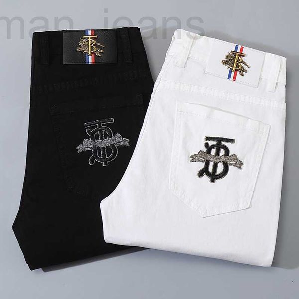 Jeans masculino designer primavera e verão jeans masculino puro preto branco algodão de duas cores alta elasticidade pé pequeno ajuste fino versão coreana b marca I7IZ