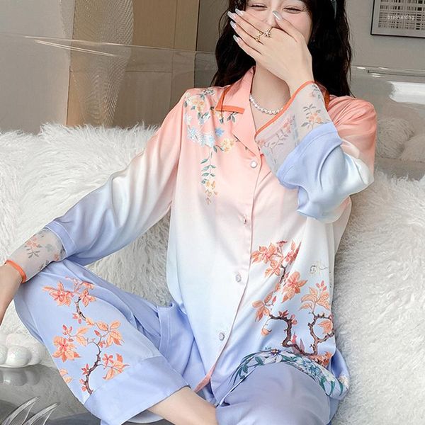 Roupa de dormir feminina Moda Conjunto de pijamas de cores graduais Estilo chinês Camisa estampada Calças de duas peças Roupa de dormir sexy Costura de renda Punhos