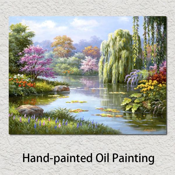 Leinwand-Kunst-Ölgemälde, Gartenquellen, versteckter Teich, zum Verkauf, handgemaltes Bild für Büroraum-Wanddekoration