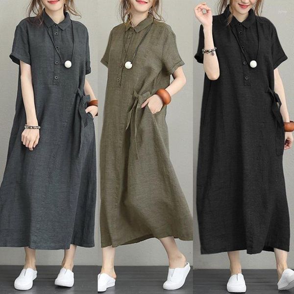 Abiti casual Plus Size 3XL 4XL 5XL 2023 Summer Dress Women Cotton Linen Pocket Per Streetwear O-Collo Allentato Solid Midi