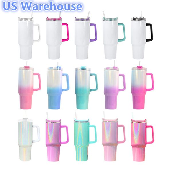 US Stock 40 once Sublimazione Glitter Tumbler con manico Shimmer Tumbler Boccale da birra in acciaio inossidabile di grande capacità Tazza da viaggio isolata Tazza da caffè da viaggio per fai da te