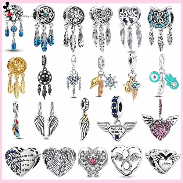 Pandora charm için 925 gümüş boncuk takılar Tüy Kanat Kalp Dream Catcher çekicilik seti