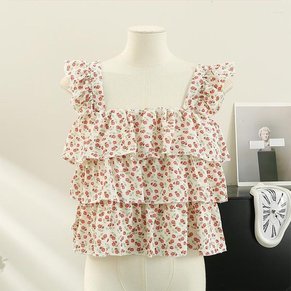 Frauen Blusen Französisch Süße Floral Bluse Frauen Sommer 2023 Design Chic Rüschen Casual Ärmellose Kurze Tops Kleidung