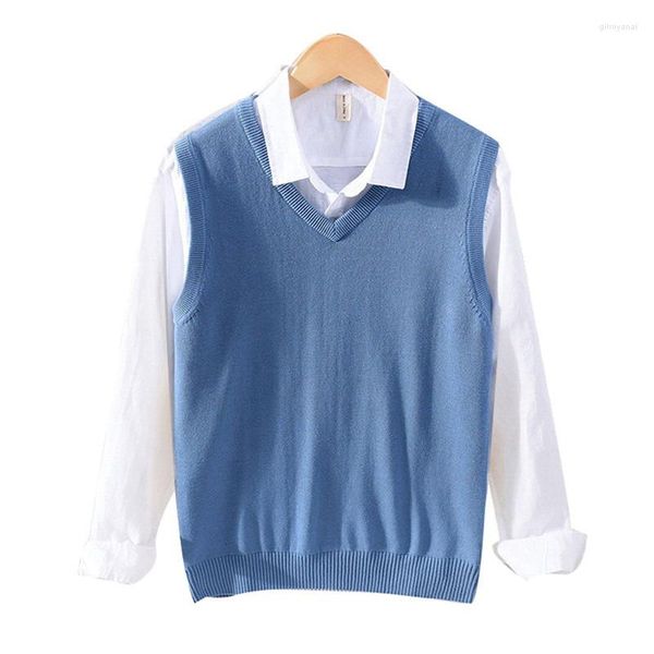 Coletes masculinos de algodão cor sólida suéter colete masculino polo suéteres pulôver estilo clássico confortável fino decote em v sem mangas jersey 8501