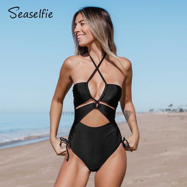 Costumi da bagno SEASELFIE Costume da bagno intero con scollo all'americana nero per donna Costume da bagno monokini con coulisse sexy 2023 Costume da bagno da spiaggia Costumi da bagno HKD230628