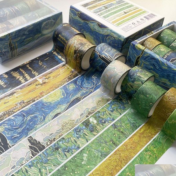 Nastri adesivi 2016 8 pezzi / set Nastro Washi Stam oro Serie Van Gogh Notte stellata Adesivo decorativo per mascheratura artigianale floreale Xbjk2112 Dro Dhc72