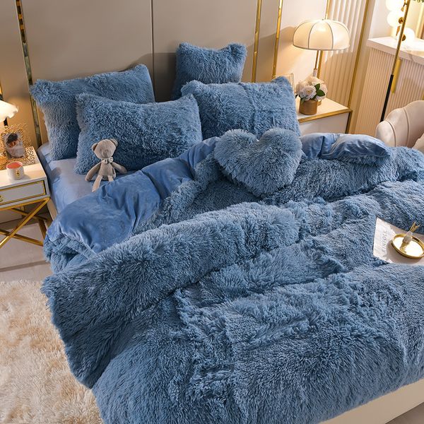 Set biancheria da letto Tessili per la casa Set copripiumino 4 pezzi Super Soft Warm Plush Set biancheria da letto in pile shaggy Copripiumino in velluto di visone Federe per lenzuola 230629