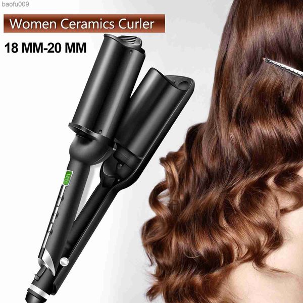 Bigodino per capelli Bigodino per capelli in ceramica Big Wave a tre tubi Alta qualità alla moda LCD Magic Curling Stick Strumento per permanente a tre barili L230520