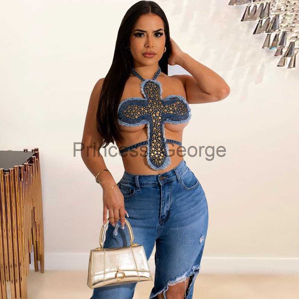 Vestidos de festa Sexy Hot Diamond Denim Tassel Crop Top Woemn 2023 Nova Moda Streetwear Halter Lace Up Backless Club Tube Clothes Y2K Tops x0629