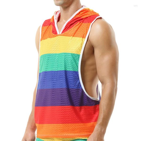 Herren-Tanktops mit Kapuze, Slip, Homme, lässige Unterhemden, atmungsaktiv, gestreift, ärmellos, Hoodies, T-Shirts, Weste, Fitnessstudio, lose Hemden