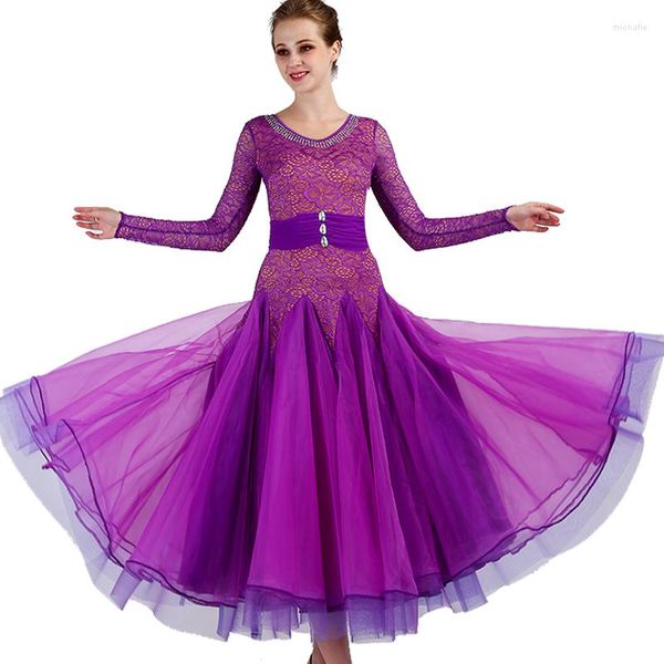 Сценическая одежда Фиолетовые платья для бальных танцев Кружевное стандартное танцевальное платье Junior Mq090