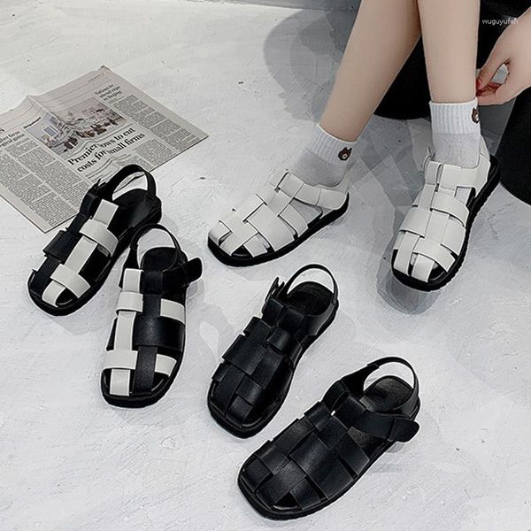 Sandalen Damen Sommer Karree Durchbrochene Bequeme Weibliche Flache Schuhe HookLoop Retro 2023 Solide Damen