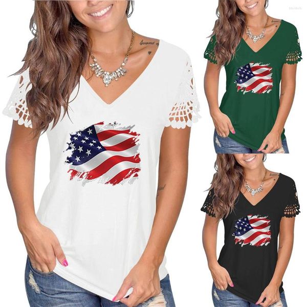 Kadın T Shirt 2023 Kadın Temmuz 4 Bağımsızlık Günü Amerikan Bayrağı T-Shirt Bayan Yaz Dantel Trim Kısa Kollu V Yaka Tees Tops