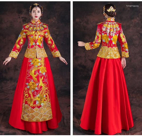 Этническая одежда для невесты с вышивкой Cheongsam, винтажное свадебное платье в китайском стиле, ретро тост, платье леди Феникс, свадебное платье Qipao, красная одежда