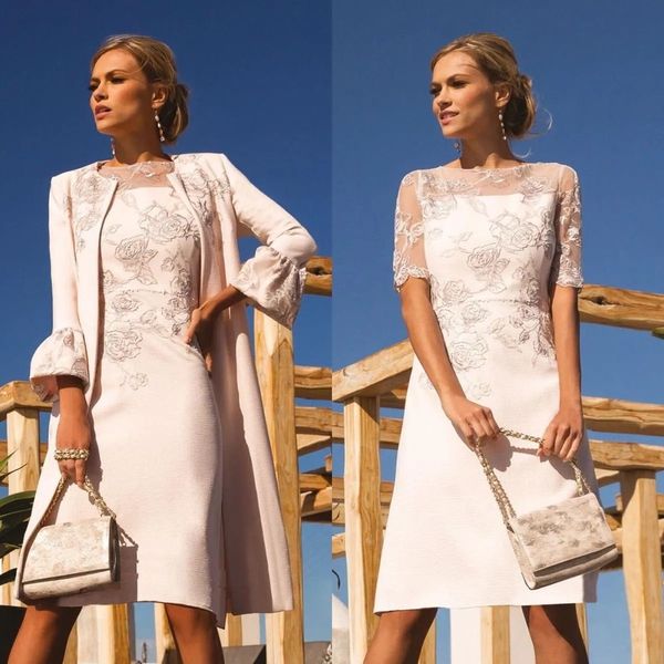 Vestidos para mãe da noiva com capa longa jaqueta na altura do joelho cetim reto curto vestidos de festa de formatura vestido formal para mulheres convidadas de casamento