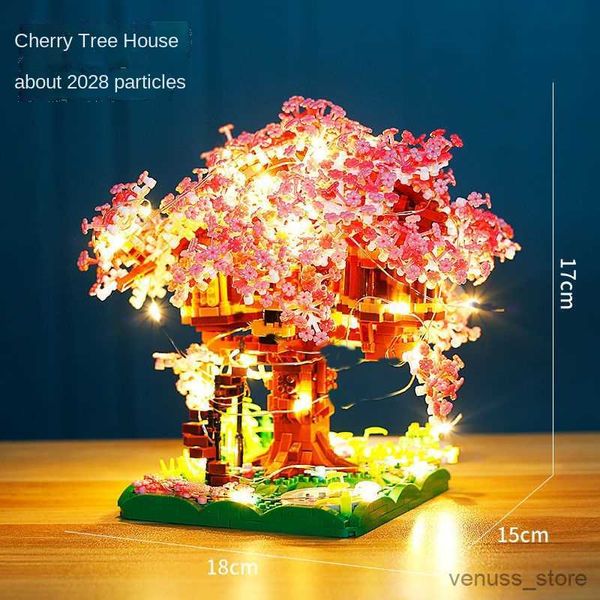 Blocos Sakura Train Tree House Model set City Micro Building Block Cherry Street View Brinquedos de Natal R230629