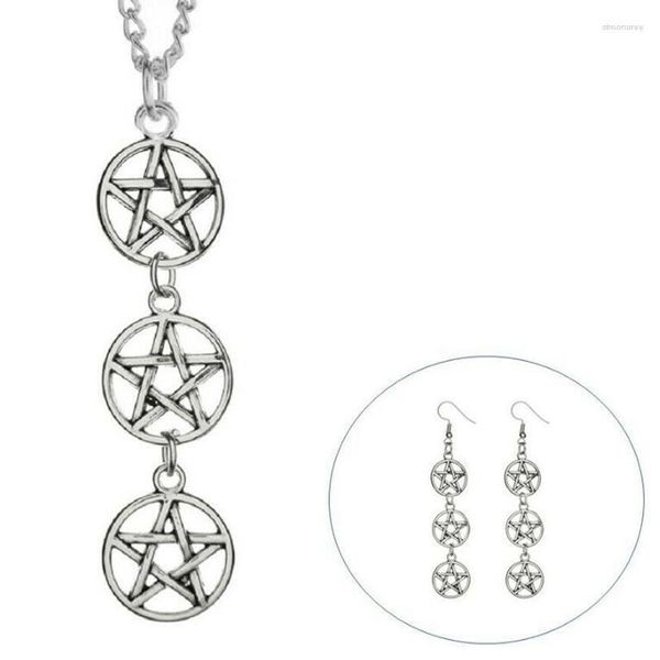 Collana Orecchini Set Soprannaturale Pentagramma Triplo Matrimonio Donna Gotico Wicca Pagano Pentacolo Gioielli Bijoux