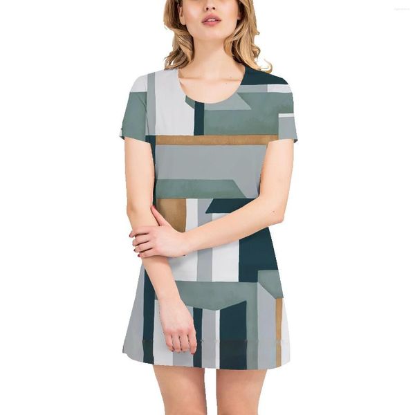 Günlük Elbiseler Geometrik Desen 2023 Yaz Kadın Kısa kollu Tişört Etek Gevşek Moda 3D Baskı O-Boyun Kızlar