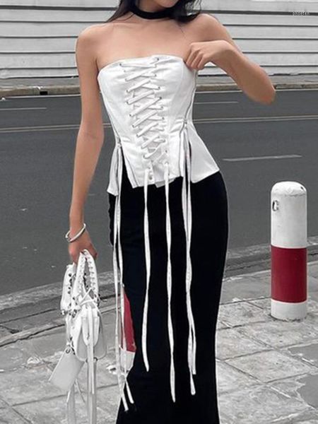 Regata feminina sem costas nas costas Gyaru Tubo branco ajuste fino com zíper sólido sem mangas camiseta tops para mulheres 2023 verão moda camisetas