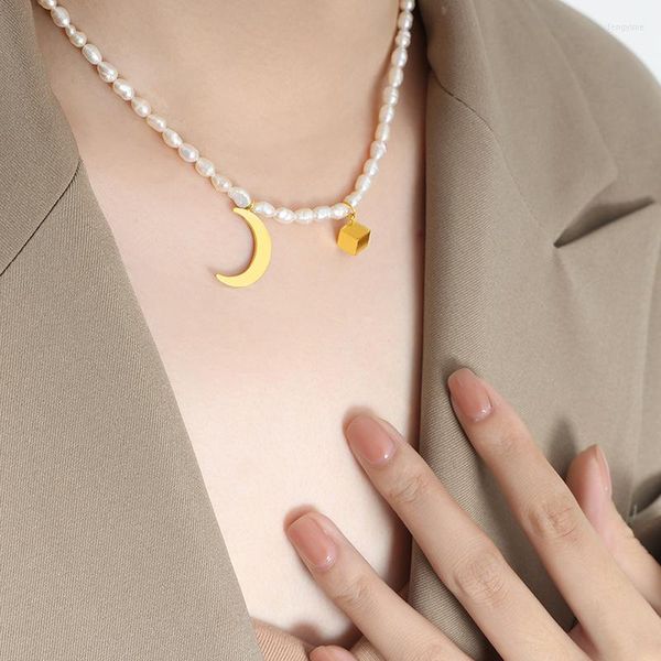 Collane con ciondolo Minar Arrivo Collana ovale con perline di perle d'acqua dolce per donna Girocolli con cubi di luna in acciaio al titanio oro 18 carati