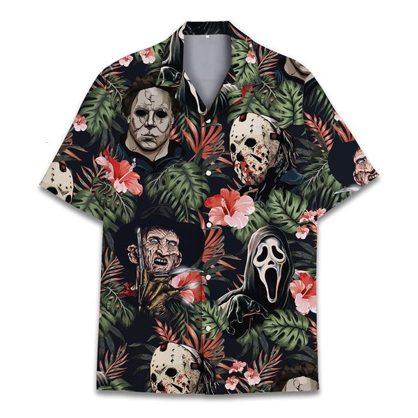 Camicie eleganti da uomo Versione vintage Divertente horror hawaiano Halloween Fiore tropicale Spiaggia Manica corta Risvolto monopetto Camicia da uomo 230628