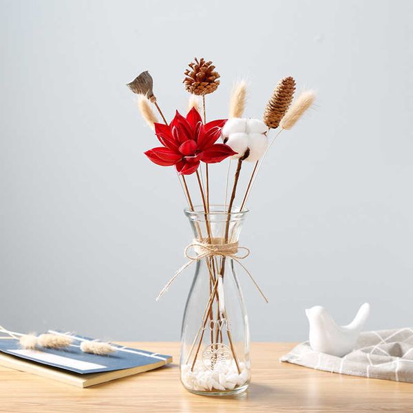 Flores secas modernas para casa decorativa vasos de vidro algodão lótus conjunto artificial decorações de festa adereços para suprimentos fotográficos