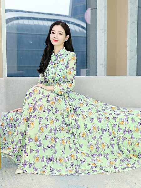 Casual Kleider Frauen Frühling Langarm Midi Kleid Chiffon Floral Boho Für 2023 Hemd Koreanische Mode Elegante Strand Prom Abend