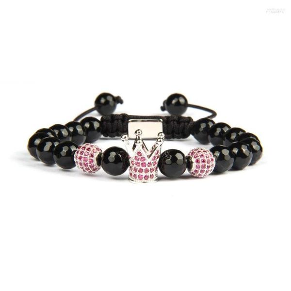 Strand Natural Faceted Onyx Stone Pink CZ Crown Charm Couples Bracelet Logo Printing Laser on Back Beads Drop Ship Jewelry