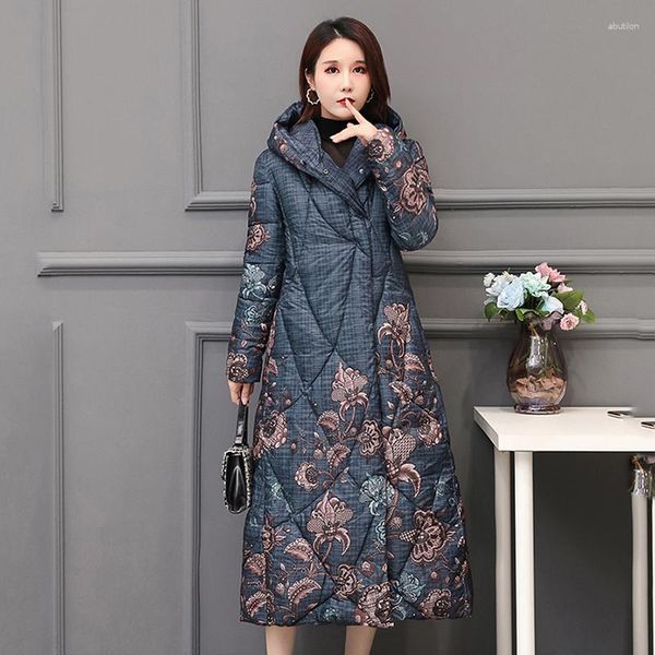 Jaqueta feminina de inverno estilo chinês de algodão estampado x longo solto grosso casaco com capuz e botão coberto parka feminina