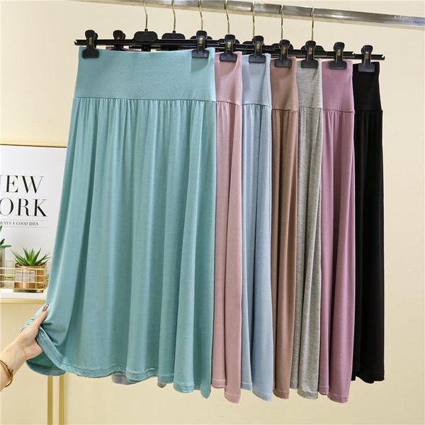 Skirts 2023 Summer Autumn A Line Big Swing Long Pleated Women Elastic High Waist Modal Skirt Ladies All Match Solid Maxi Saia