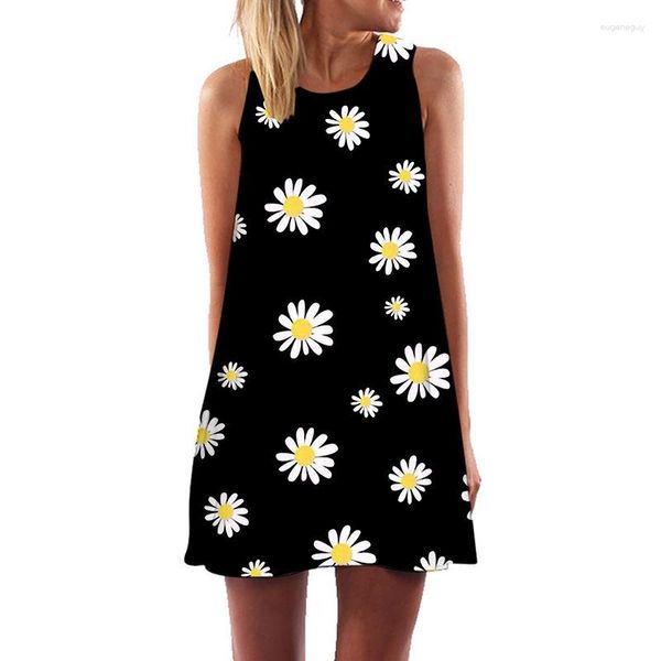 Freizeitkleider Modisches Sommer-Damenkleid, lockeres ärmelloses Sonnenblumen-Druck-Mini-Selfie