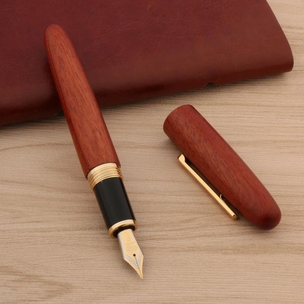 Penne Luxury Jin Hao 9056 Red Legno Penna Funga in Mogania F Fude Nib Canding Moliting Stationery Office Forniture Golden Ink Pens