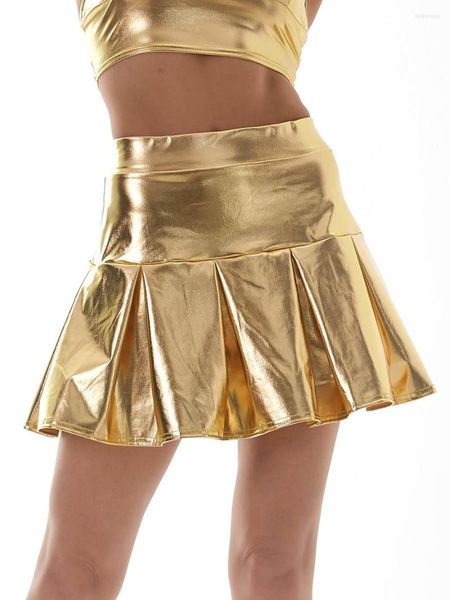 Юбки женские блестящие металлические плиссированные мини-юбки для взрослых с эластичной резинкой на талии и рюшами трапециевидной формы карнавальный фестиваль Rave Club танцевальный костюм